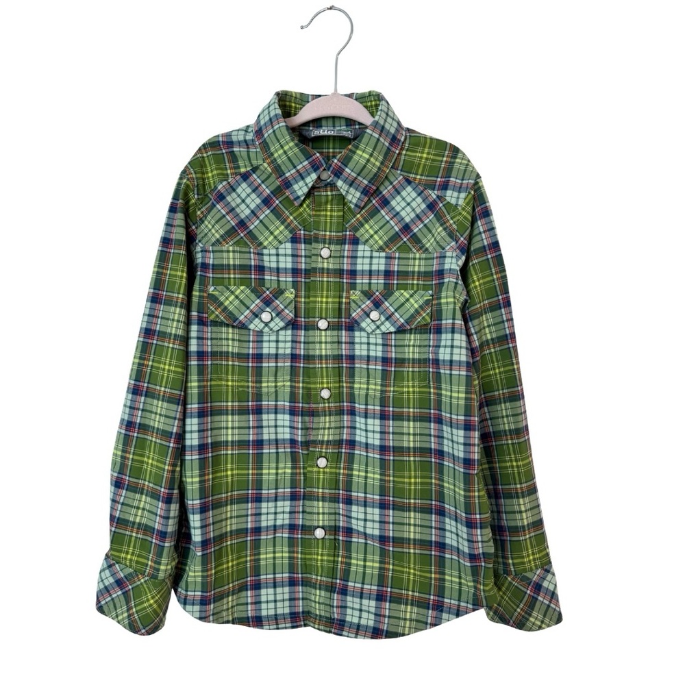 Stio Boys 4 Long Sleeve Eddy Shirt Green Blue Plaid Performance‎ Stretch Casual